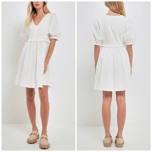 English Factory Button Down Ruffle Trim Puff Sleeve White Cotton Babydoll Dress